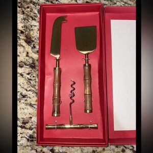 Talbots 3-piece Brass Wintertaining Set Cheese Knives Corkscrew Bamboo Style